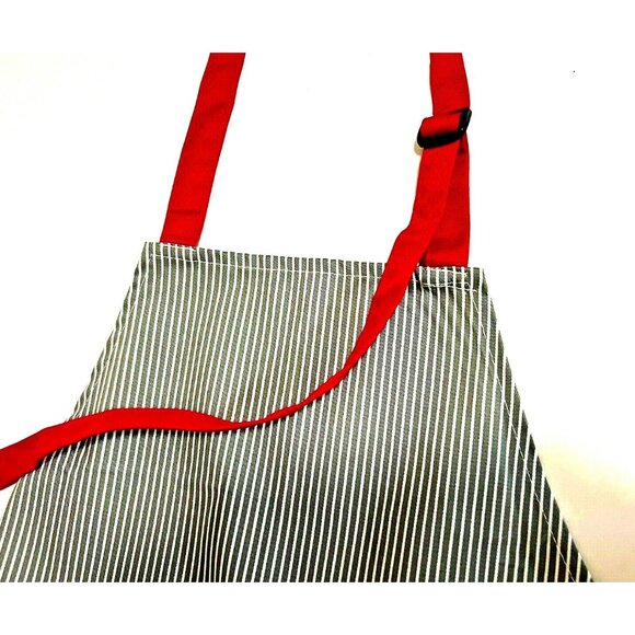 Flirty Unisex Full Apron Striped Blue Red 3 Pockets Adjustable Strap Cotton  New - Picture 3 of 9